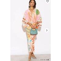 CY Women's Leaves & Floral Scarf Pirnt Pleated Dress In Kimono Sleeves In Pink in Orange | Size: S/M