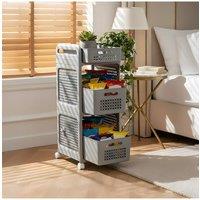 Living and Home 3-Tier Plastic Storage Trolley Cart with Pull-out Baskets, Hook, Storage Box in Grey
