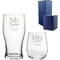 Uniqueful Personalised Mr & Mrs Stemless Wine Set Classic Font in Clear