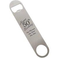 Uniqueful Personalised Happy 50th Birthday Large Steel Bar Blade Bottle Opener in Silver