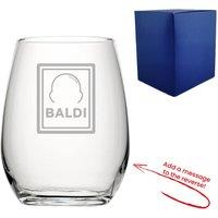 Uniqueful Personalised Engraved Stemless Wine Glass Baldi Design Message Reverse in Clear