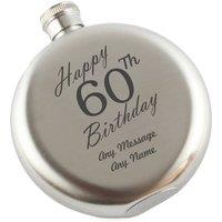 Uniqueful Personalised Happy 60th Birthday Engraved 5oz Round Steel Hip Flask in Silver