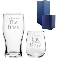 Uniqueful Personalised His & Hers Beer & Stemless Wine Set The Actual Boss in Clear