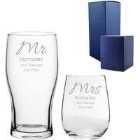 Uniqueful Personalised Mr & Mrs Stemless Wine Set Elegant Font in Clear