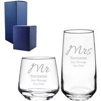 Uniqueful Personalised Engraved Mr & Mrs Whisky & Cocktail Set Elegant Font in Clear