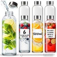 volila 6 Pack Glass Bottles Leakproof with Lids, Brush & Labels for Drinks in Clear | Size: 500ml