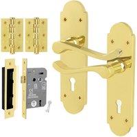 AFIT Brass Door Handles Lock Set, 1 Pair Polished Brass Backplate, Hinges in Gold | Size: 150mm x 150mm