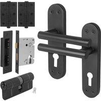AFIT Matt Black T-Bar Door Handle Euro Lock Double Cylinder Hinges | Size: 150mm x 150mm