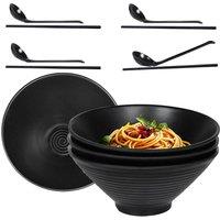 Greentainer Large Japanese Noodle Bowls Set with Chopsticks & Spoons in Black