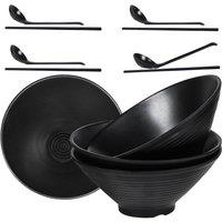 Greentainer Japanese-Style Noodle Bowls Set 4-Piece with Spoons & Chopsticks in Black