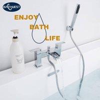 BATHWEST Waterfall Bath Tap with Shower Square Brass Bathroom Taps in Silver