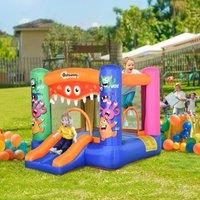 OUTSUNNY Bouncy Castle with Slide Basket Trampoline Monster Design in Blue