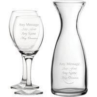 Uniqueful Personalised Engraved Set of 2 Pure Wine Glass & 1 Litre Carafe Set in Clear