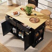 BTM Kitchen island trolley with power strip & wooden worktop in Black