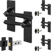 AFIT Black Antique Cast Iron Door Handles Backplate Latch 64mm 4 Pairs | Size: 150mm x 150mm