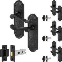 AFIT Black Antique Cast Iron Door Handles Backplate Latch 64mm 4 Pairs | Size: 150mm x 150mm