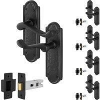 AFIT Black Antique Cast Iron Door Handles Backplate Latch 64mm 5 Pairs | Size: 150mm x 150mm