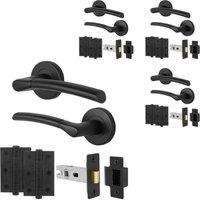 AFIT Black Round Rose Door Handle, Latch & Hinges Internal Lever 4 Pairs | Size: 150mm x 150mm