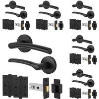 AFIT Black Round Rose Door Handle, Latch & Hinges Internal Lever 6 Pairs | Size: 150mm x 150mm