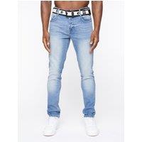 Crosshatch Barbeck Men's Slim-Fit Stretch Denim Jeans with Branded Belt in Light Blue | Size: 34R