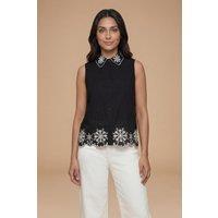 Dorothy Perkins Women's Broderie Detail Collared Shell Top in Black | Size: 10