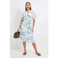 Wallis Women's Printed Roll Sleeve Belted Midi Dress in Ivory | Size: 20