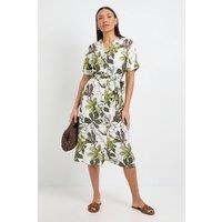 Wallis Women's Floral Roll Sleeve Belted Midi Dress in Green | Size: 14