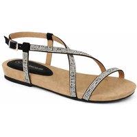 Leather Collection Women's Diamante T Bar Flat Sandal with Buckle Strap in Jet Black | Size: 6