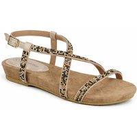 Leather Collection Women's Diamante T Bar Flat Sandal with Buckle Strap in Light Bronze | Size: 6