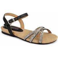 Leather Collection Women's Diamante Strap Flat Sandal with Buckle Ankle Strap in Jet Black | Size: 7