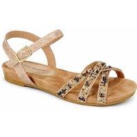 Leather Collection Women's Diamante Strap Flat Sandal with Buckle Ankle Strap in Rose Gold | Size: 6