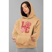 Bad Zebedee Women's Love Slogan Hoodie in Faux Knitted Look in Light Beige | Size: 2XL