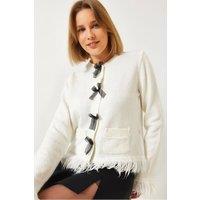 Bianco Lucci Women's Frilly Ribbed Knit Cardigan with Button Closure in Beige