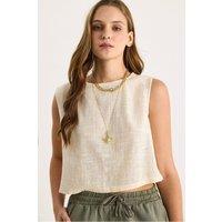 Bianco Lucci Women's Linen Blend Cropped Crew Neck Blouse in Cream | Size: Large