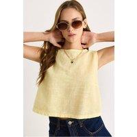 Bianco Lucci Women's Linen Blend Cropped Crew Neck Blouse in Lemon | Size: Large