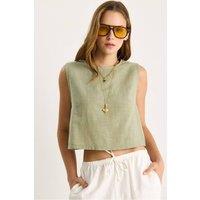 Bianco Lucci Women's Linen Blend Cropped Crew Neck Blouse in Khaki | Size: Large