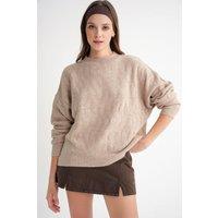 MixRay Women's Ribbed Knitwear Pullover Sweater with Hair Braid Pattern in Beige