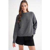 MixRay Women's Ribbed Knitwear Pullover Sweater with Hair Braid Pattern in Dark Grey