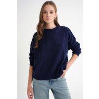 MixRay Women's Ribbed Knitwear Pullover Sweater with Hair Braid Pattern in Navy
