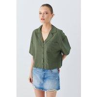 MixRay Women's Loose Fit Button-Up Crop Shirt with Pocket in Khaki | Size: Large