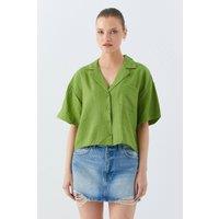 MixRay Women's Loose Fit Button-Up Crop Shirt with Pocket in Olive | Size: Medium
