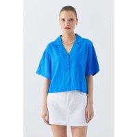 MixRay Women's Loose Fit Button-Up Crop Shirt with Pocket in Cobalt | Size: Small