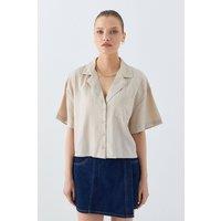 MixRay Women's Loose Fit Button-Up Crop Shirt with Pocket in Stone | Size: Large
