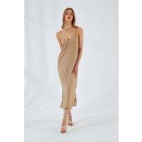 MixRay Women's V-Neck Slit Midi Dress in Beige | Size: Large