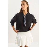 Bianco Lucci Women's Crew Neck Ribbed Sweatshirt with Scarf Accessory Detail in Black | Size: Large