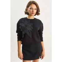 Bianco Lucci Women's Accessory Detailed Long Sleeve Crew Neck Sweatshirt in Black | Size: Small