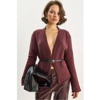 Bianco Lucci Women's Belt Detailed Cardigan in Burgundy