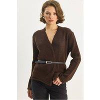 Bianco Lucci Women's Belt Detailed Cardigan in Dark Brown