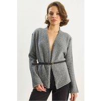 Bianco Lucci Women's Belt Detailed Cardigan in Charcoal