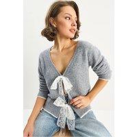 Bianco Lucci Women's Knit V-Neck Cardigan with Lace Tie Closure in Grey
